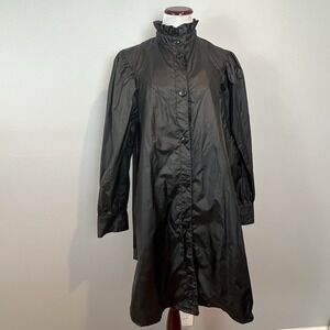 Totes Black Gothic Nylon Coat Womens Size 14 Ruffle Neck Puff Shoulder with Belt